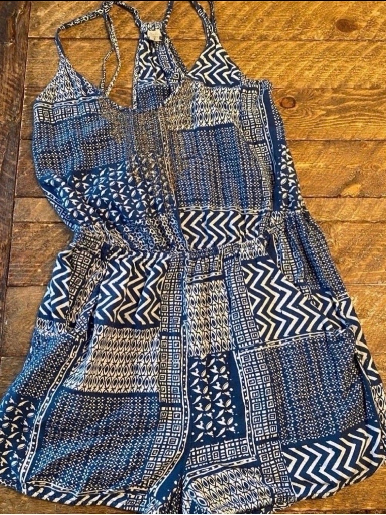 Women’s Navy Patchwork Print Sundress Romper (Size L)